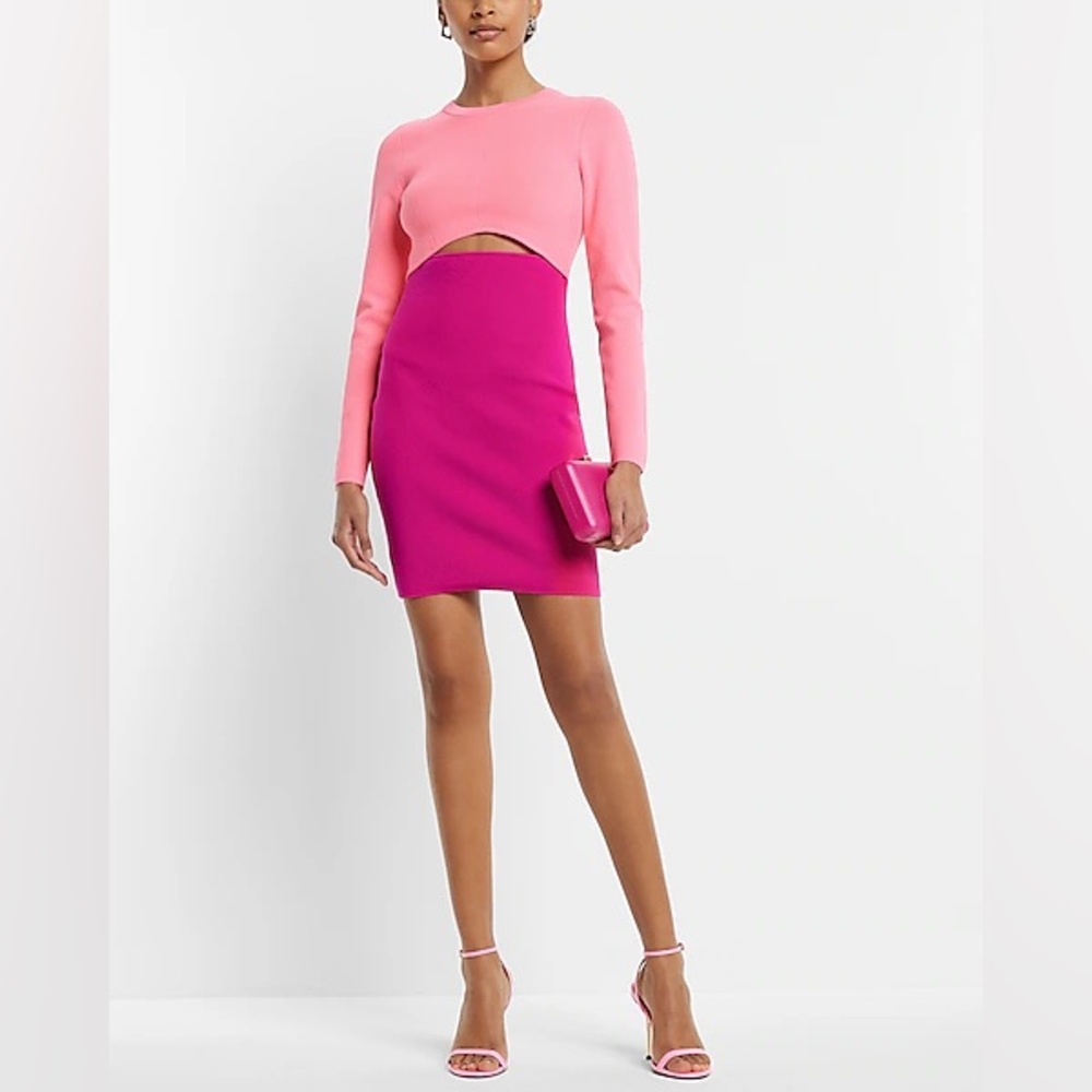 Express Body Contour Long Sleeve Color Block Cutout Mini Sweater Dress pink sz L